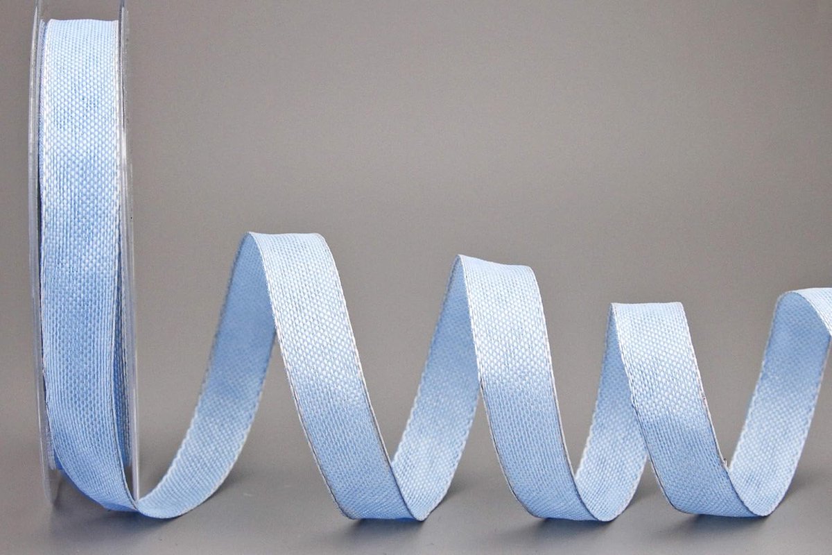 Decoratielint lichtblauw, 153, 20 m x 15 mm (rol), stoffen band met draadranden, licht glanzend, linnenlook, taftlint, grof geweven, Kerstmis Advent
