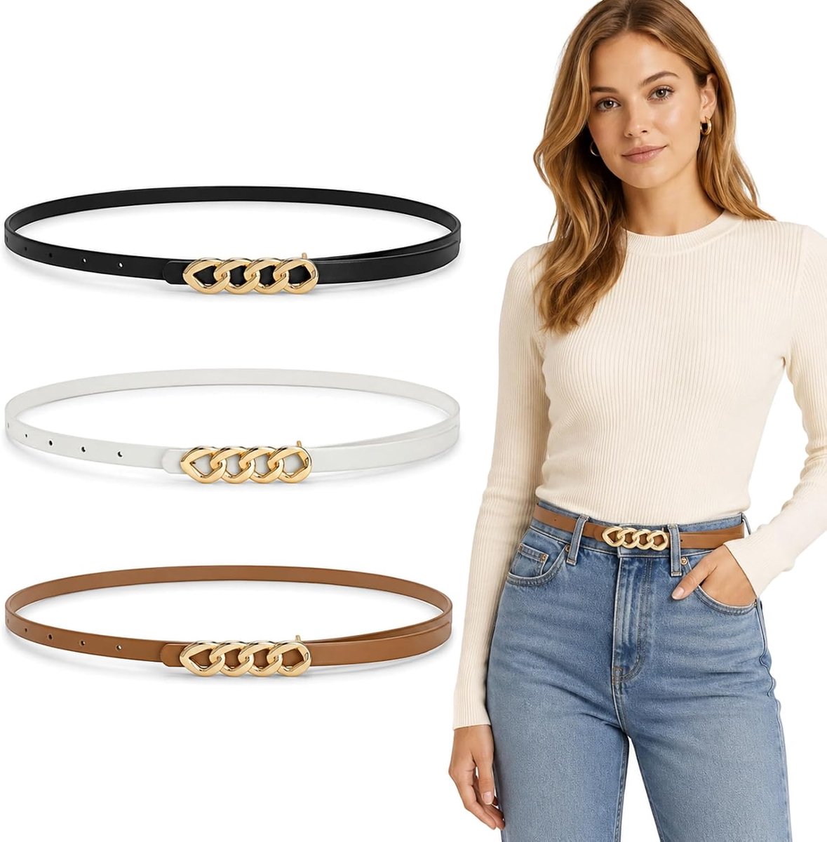 Riemen, verstelbare tailleriem, gouden gesp, voor jurk, jeans, broek, klassieke stijl, elegant, veelzijdig