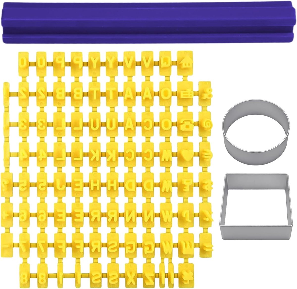 1 stuk alfanumerieke vorm en 1 stuk persplaat, 2 stuks koekjesvorm van aluminiumlegering, kunststof vorm, bakgereedschap
