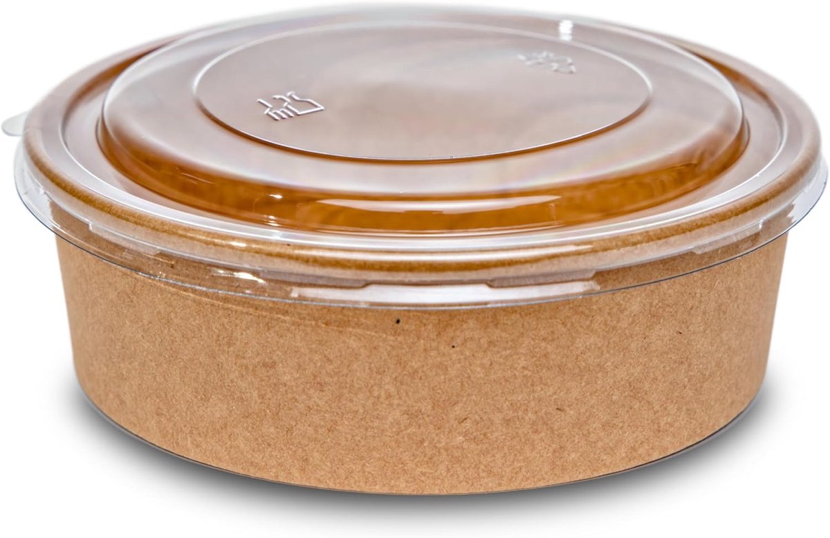 50 stuks kraftpapieren slakommen met deksel, 500 ml, kraftpapier slakom, wegwerpkommen, slabekers, kartonnen schaal voor salades, snack, soepen, muesli, rond hard papier, sladoos om mee te