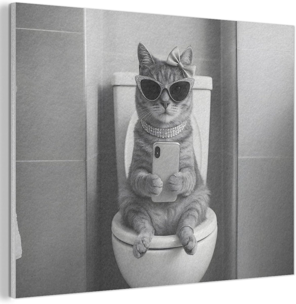 "MuchoWow© Vilten Wanddecoratie 70x50 cm Kamer Decoratie Woonkamer Slaapkamer Room Decor Wanddeco Felt Wall Art Kat - Telefoon - Toilet - Zwart - Wit"