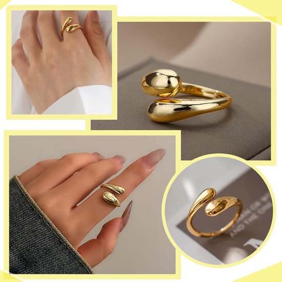 Ringen van roestvrij staal, verstelbaar, cadeau voor vriendin, ringen, goud, roestvrij staal, druppelvorm, dikke kleine vingers, verstelbaar, stapelbaar, hypoallergeen — afbeelding 4