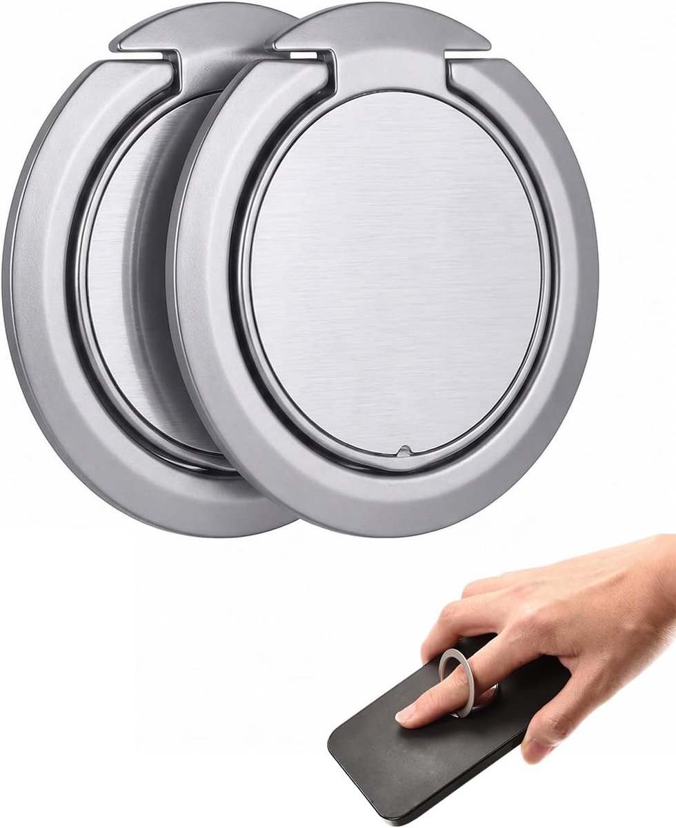 Magneetring voor mobiele telefoon, 2 stuks, 3 mm, verzilverd metaal, ultradun, 360 graden draaibaar, veilige handgreep met één hand en voorkomt vallen