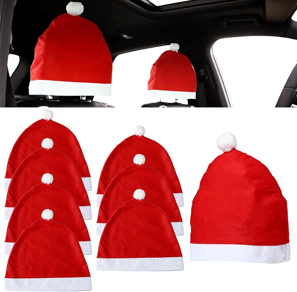 Set van 8, autokerstdecoratie met zachte rode mutsen, feestelijke stoelhoezen voor Kerstmis, auto, behaaglijke interieurdecoratie, autoliefhebbers