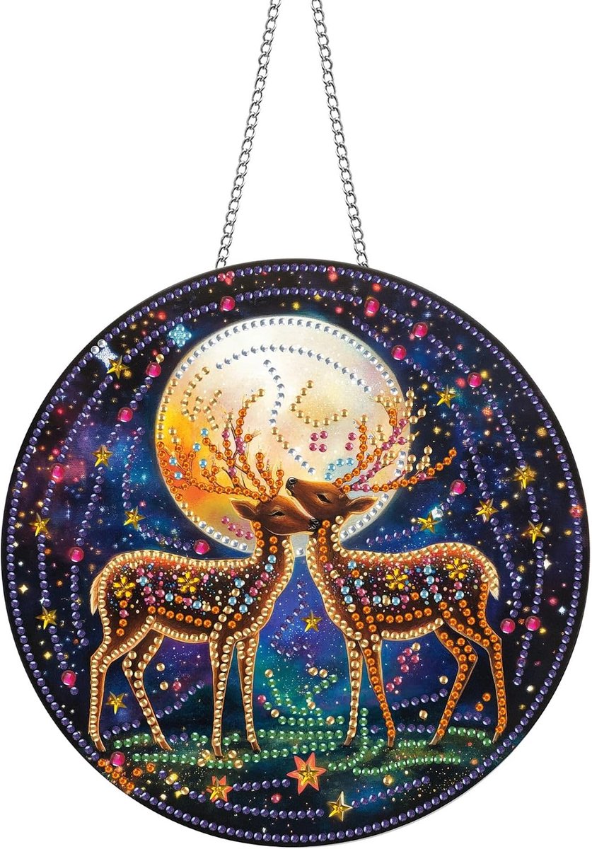 Dubbelzijdig acrylbord diamond painting hanger en raamafbeeldingen set met ketting - hert DIY schilderij hanger diamant kunst wandbehang kits 20 x 20 cm - voor muur en entree decoratie