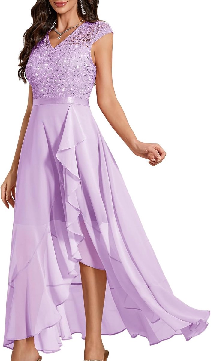 Avondjurk, elegant voor bruiloft, glitterjurk, chiffon, afstudeerjurk, lange feestelijke bruidsjurk, kant, party, cocktailjurk