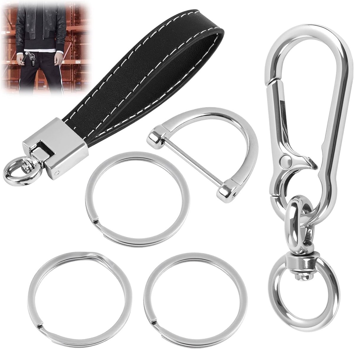 Sleutelhanger van leer voor de auto, hoogwaardige sleutelhanger met D-ring, schroevendraaier en 3 sleutelringen, als cadeau voor mannen en vrouwen (bruin) sleutelhanger