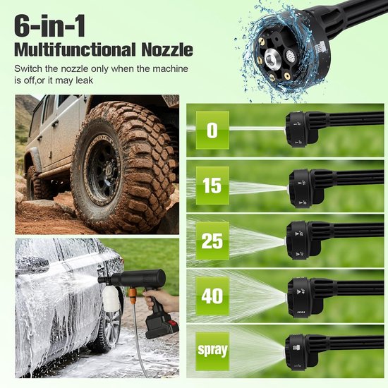 Accu-hogedrukreiniger 35 bar, 1,2 GPM batterij Power Washer met 6-in-1 mondstuk en schuimkanon, ideaal voor auto, fiets en tuin, 5,0 m slang — afbeelding 5