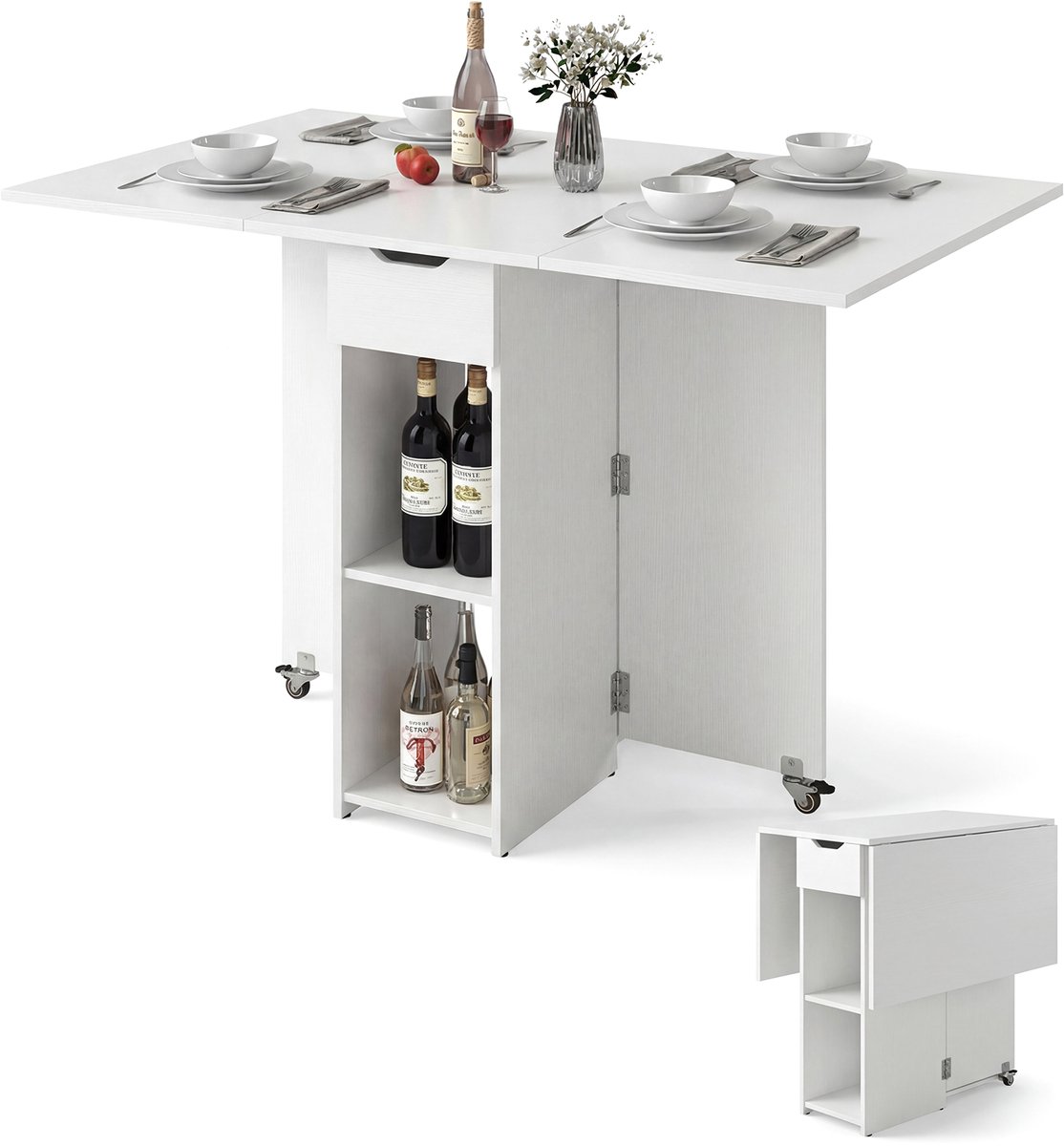 COSTWAY Inklapbare eettafel, keukentafel met wieltjes, lade en 2 opbergvakken, klaptafel voor 2-4 personen, eetkamer tafel voor kleine ruimtes, eetkamer, keuken, 120 x 72 x 75 cm (Wit)