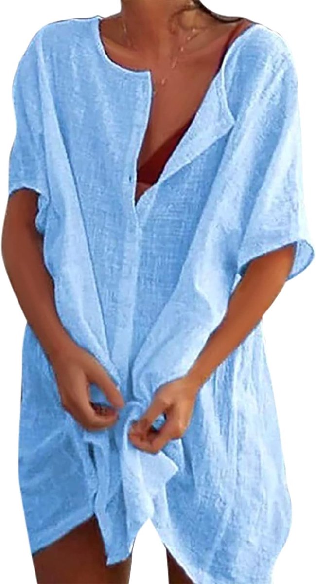 Strand Cover Ups Bikini Badpak Badmode Cover Up Blouses Shirt Sarongs Beachwear Strandjurk Badpak Casual Button Down Strand Shirt Effen Kleur