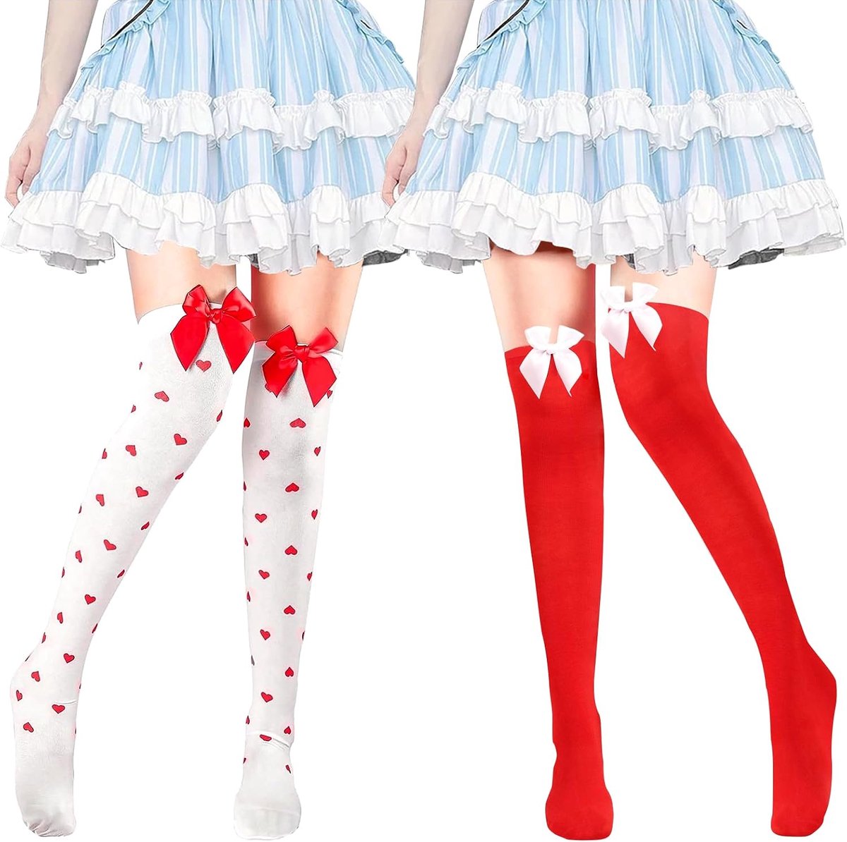 Sokken met strik voor dames, 2 paar damessokken boven de knie, witte sokken met rode harten, lange sokken voor dames, geschikt voor Valentijnsdag, carnaval, maskerade, Rood, 35