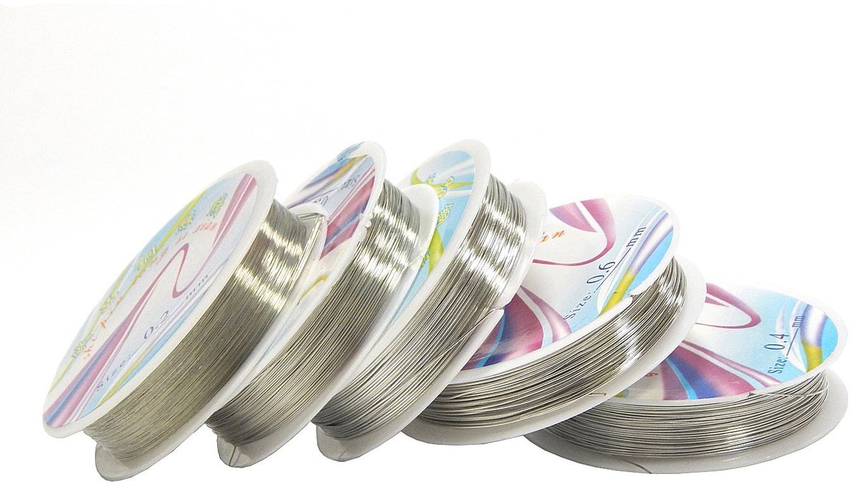 Draad Sieradendraad Zilverdraad Koperdraad 5 Rol Set 0,6 mm 0,5 mm 0,4 mm 0,3 mm 0,2 mm Zilverkleurige Lakdraad Knutseldraad