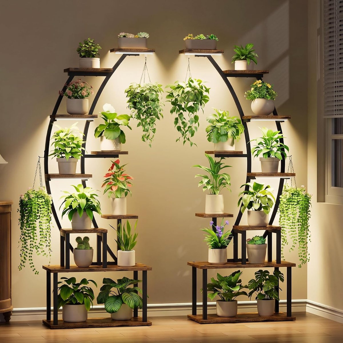Plantenstandaard voor binnen met kweeklampen, 9 gelaagde metalen plantenplank, hoge plantenstandaard voor kamerplanten, meervoudig, groot plantenrek, displayplanken, gebogen plantenhouder