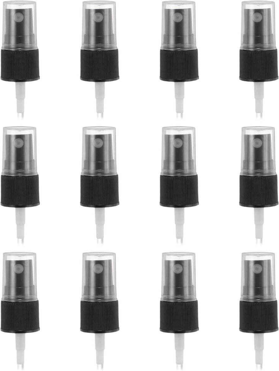 12 stuks zwarte sproeikop, 18/410 fijne sproeiverstuiver, herbruikbare reserve-sproeiflespomp, strips, kunststof top voor etherische olie, haar- en lichaamssprays