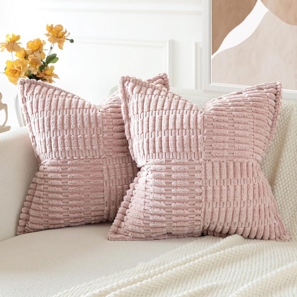 Kussenslopen met splitsing, 40 x 40 cm, gestreepte boho decoratieve kussenslopen, woondecoratie, vierkante kussensloop voor bank, woonkamer, bed (roze)