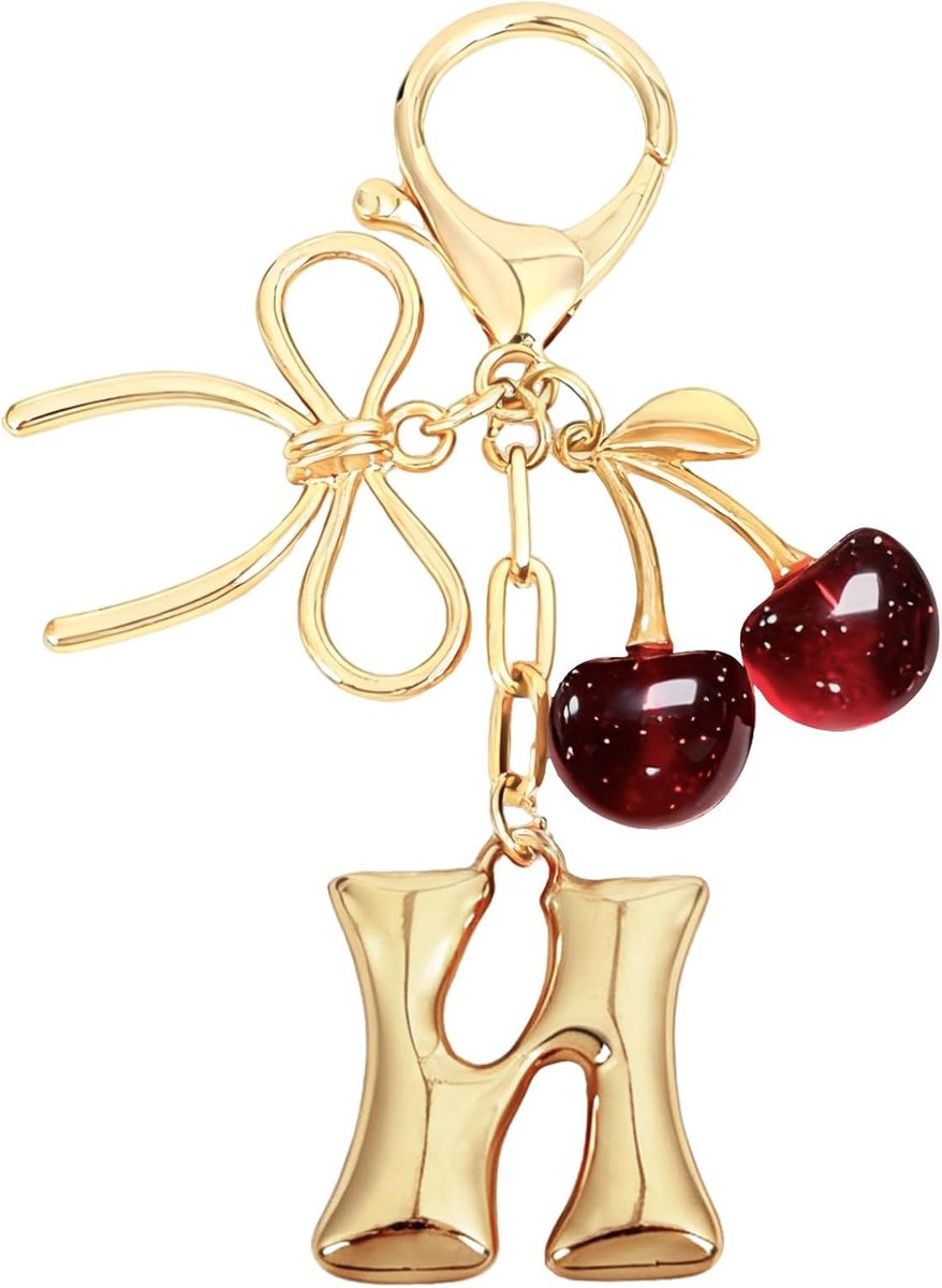 Initial Een Sleutelhanger met Boog & Kersen - Gouden Letter Bag Charms voor Vrouwen, Leuke Portemonnee Handtas Accessoires