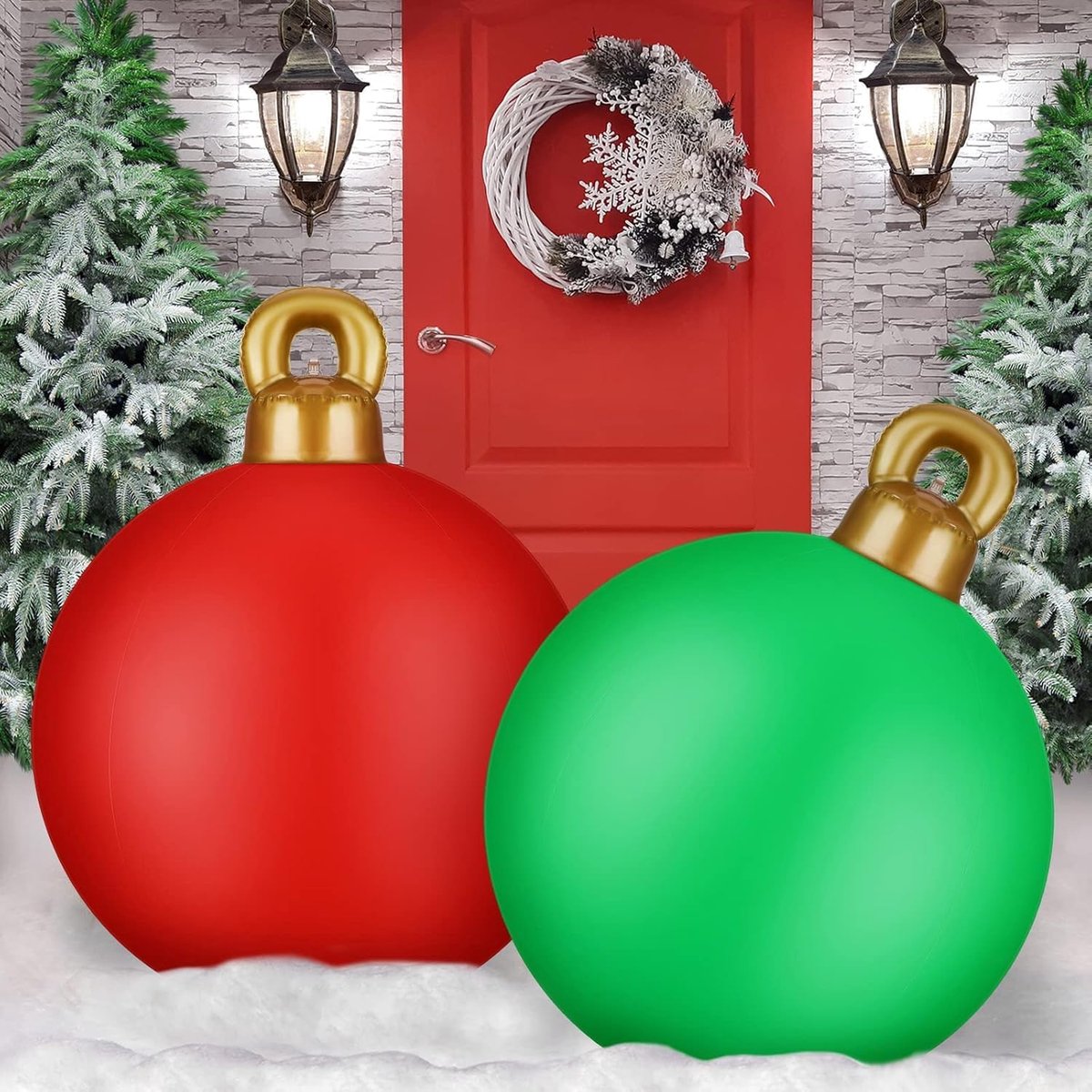Kerstballen, 2 stuks, 60 cm, grote kerstballen, outdoor, opblaasbaar, pvc, decoratieve ballen, kerstdecoratie voor binnen en buiten of tuin