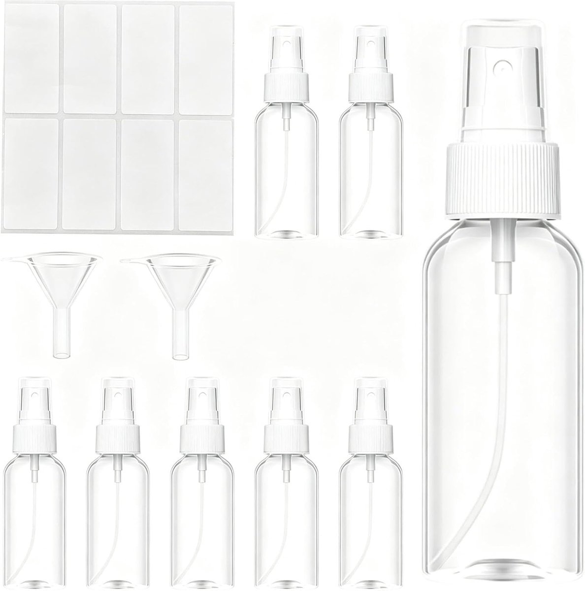 8 stuks, 50 ml, lege spuitfles, spuitflessen met 8 etiketten en 2 trechters, draagbare fles voor reizen, parfum, desinfectie, oliën