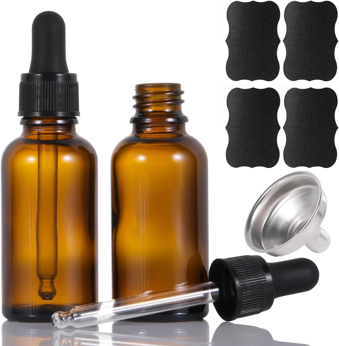 2 stuks kleine glazen flessen 30 ml, pipetdruppelflessen, glazen flessen, amber met trechter van roestvrij staal voor etherische oliën, parfum, aromatherapie, chemische laboratoria