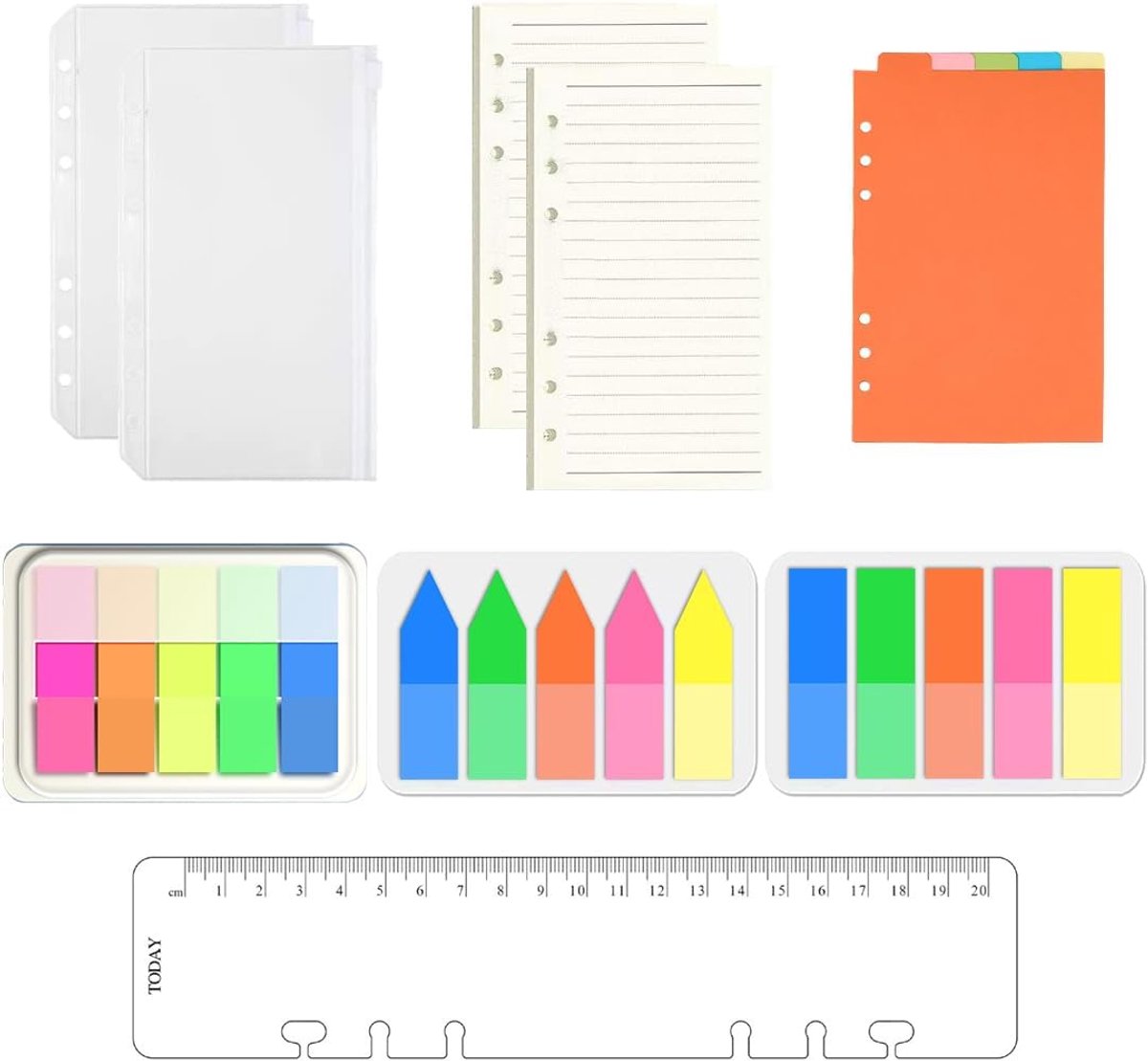 A5-ringband, 90 gelinieerd papier + 5 indexkaarten + 460 zelfklevende notities + enveloppen, perfect voor A5-map of Filofax.