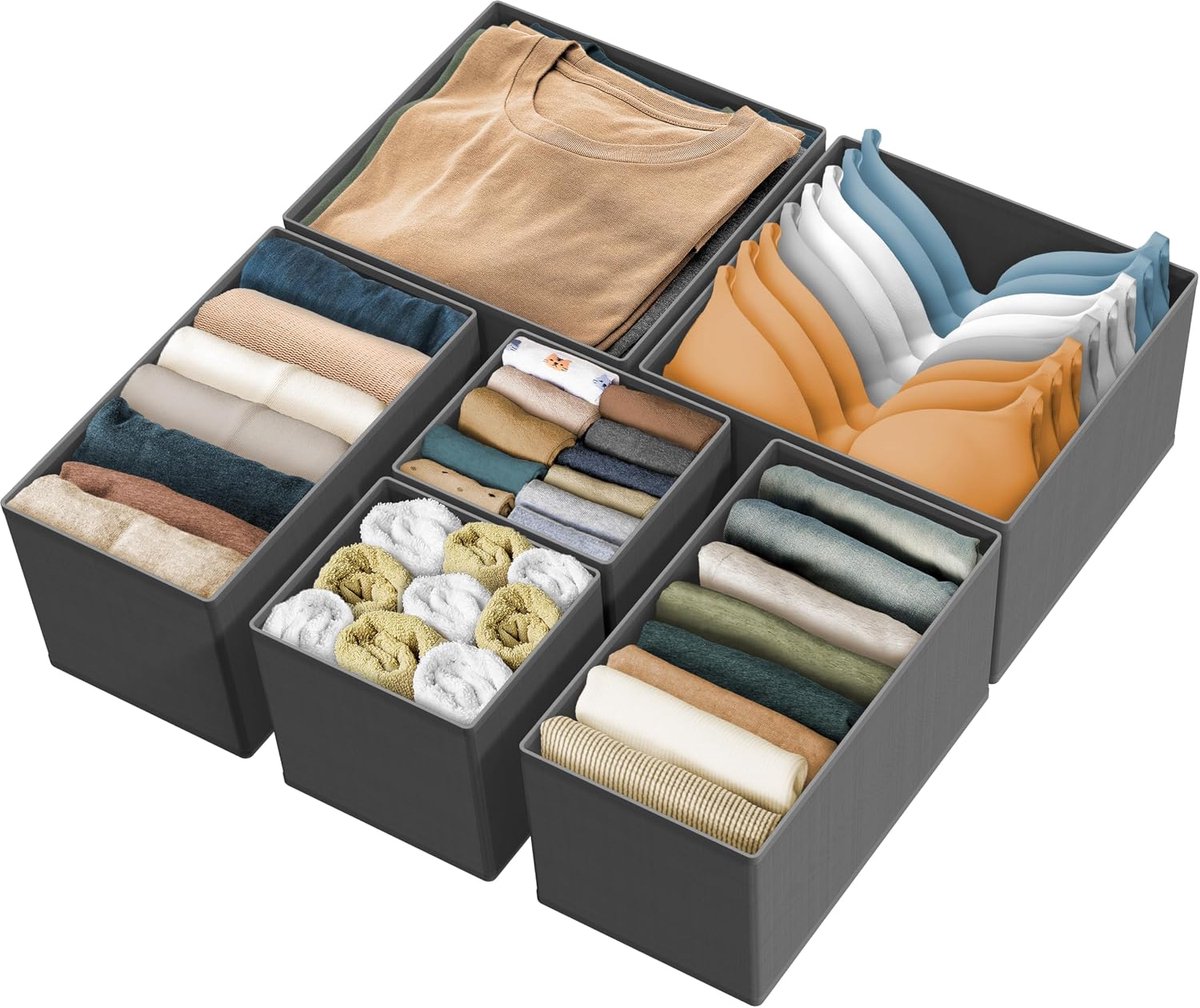 Houseware Opvouwbare stoffen opbergdoos voor kast, commode, lade, scheidingswand, organizer, mandcontainer voor ondergoed, beha's, donkergrijs (set van 6) | voor Lingerie/Ondergoed/BH/Panty/Sok/Onesie
