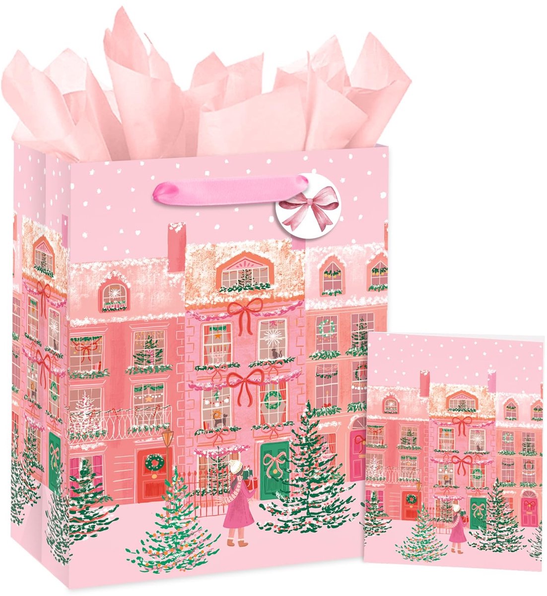 SolidKeus - Roze Kerstcadeauzakje met Winterontwerp 25,4 x 12,7 x 33 cm