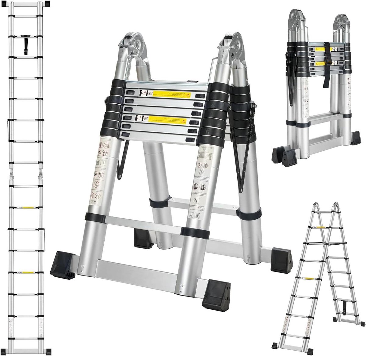 Telescopische Ladder - Vouwladder Aluminium - Klus Klussen - Met Stabiliteit Balken - 5 Meter - Zilver