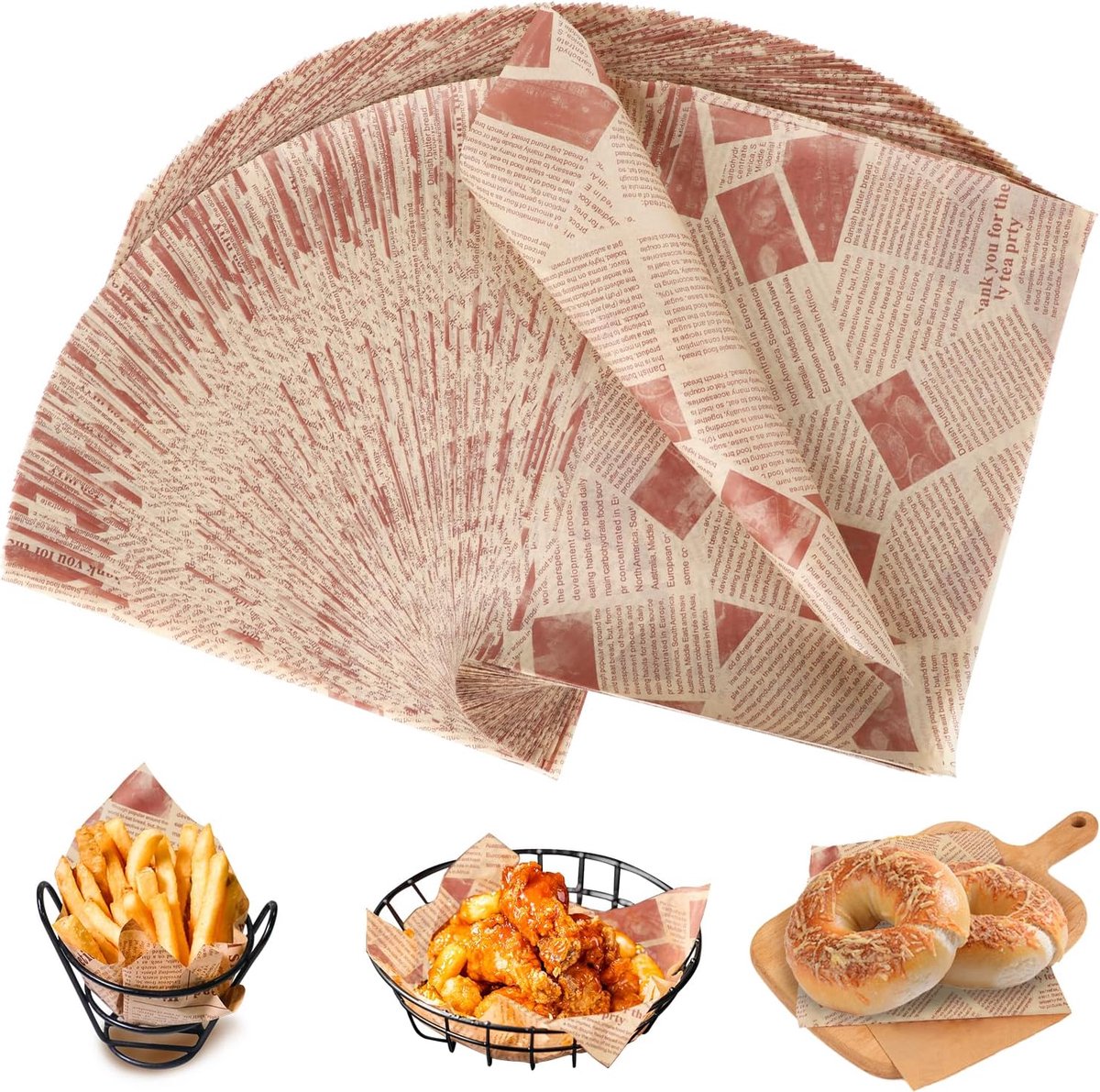 200 stuks geolied papier voor levensmiddelen, 20 x 30 cm, rijst in dagkrantenstijl, oliedicht en waterdicht voor burgers, sandwiches en voedselmand
