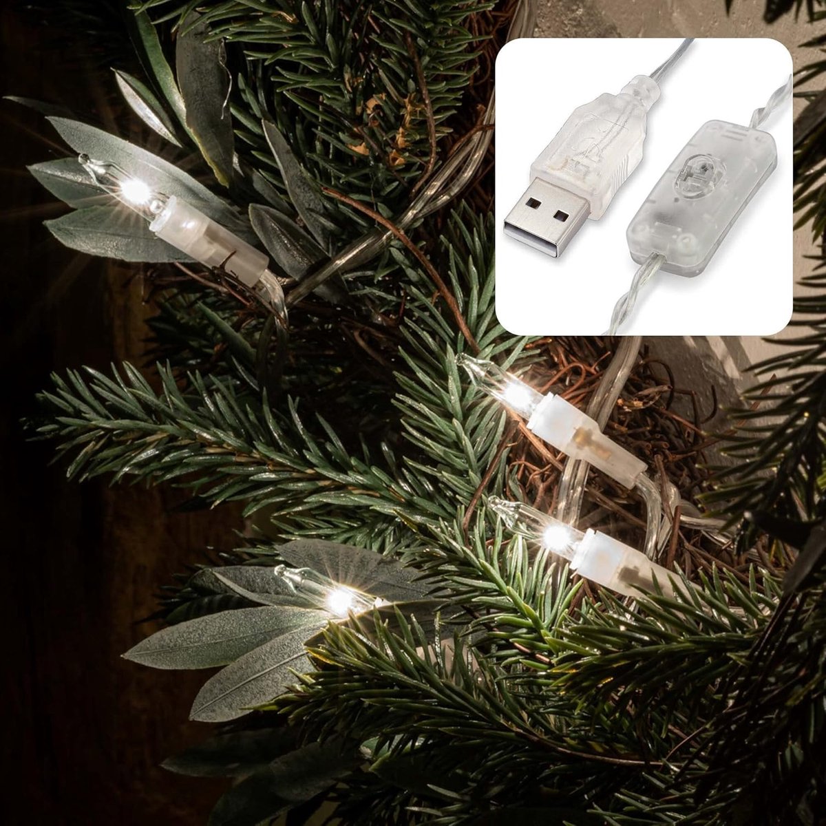 Hellum Pisello 150674 Led-lichtsnoer voor binnen, set van 2, 10 leds met schakelaar, warm wit, reservelampen, lichtketting met USB-aansluiting, kabel transparant verlicht, 108 cm