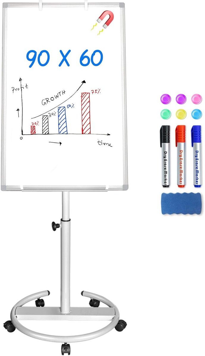 Draagbaar magnetisch en droog uitwisbaar mobiel whiteboard met ezel 90 x 60 cm (zilver)