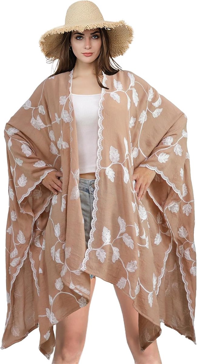 Geborduurde bloemen kimono strand dames losse kaftan boho strand bikini cover up lange shawl voor dames