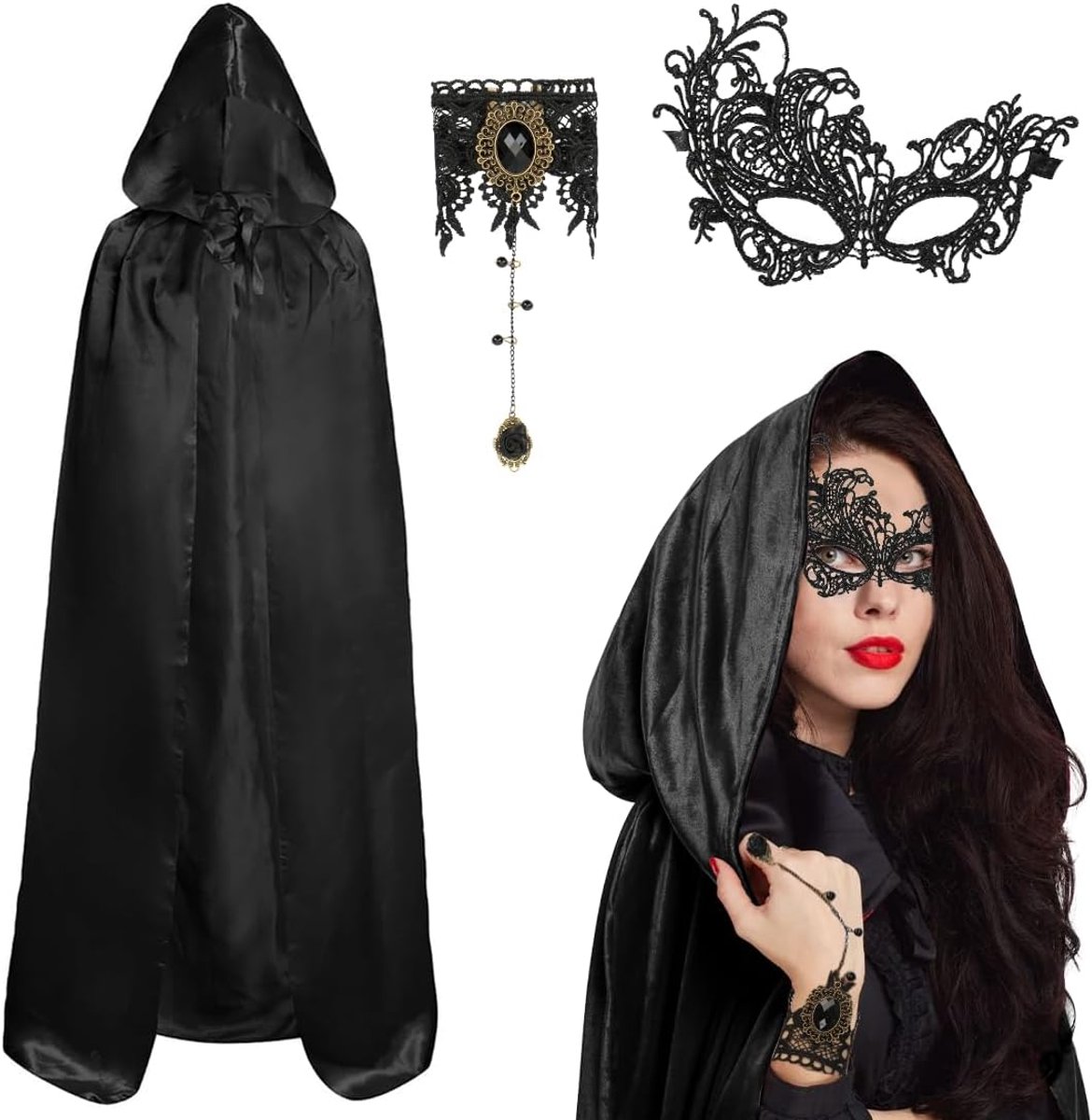 Cape met accessoires, masker en vingerketting, 106/126/146 cm, zwarte satijnen cape met capuchon, cape voor Halloween, dames, vampiercape, heksen voor volwassenen, carnaval, Halloween,