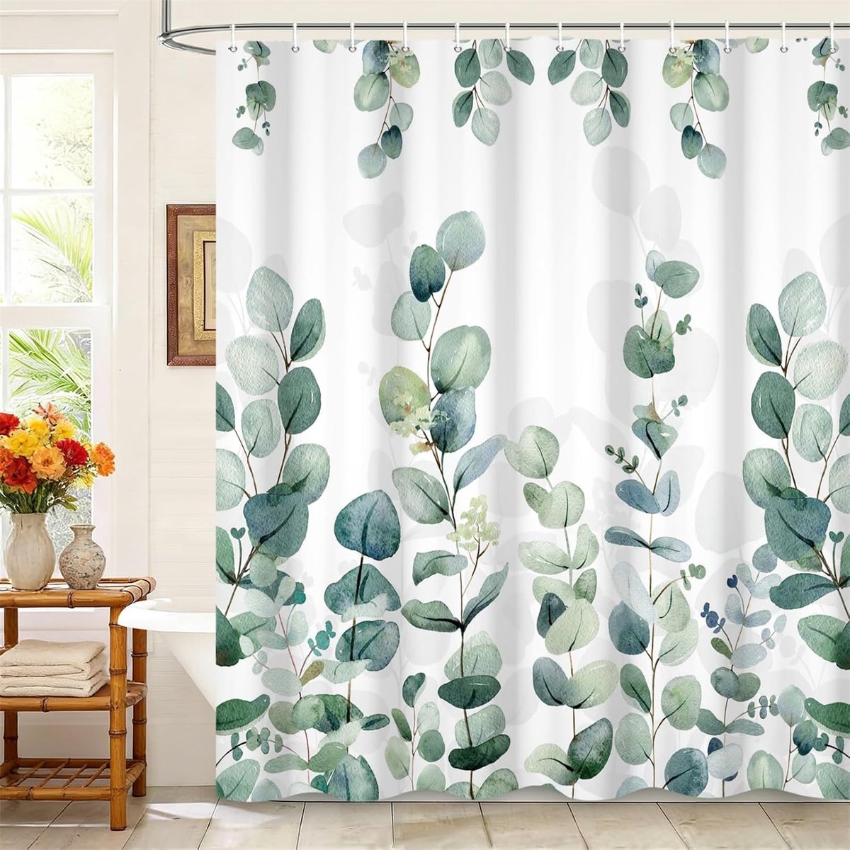 178 x 183 cm Bladeren Douchegordijn met Haken, Witte Achtergrond Hangende Boom Groene Bladeren Planten Takken Verduisterd Waterdicht voor Bad, Polyester Stof Badkamer Badkuip Natuurlijke Frise