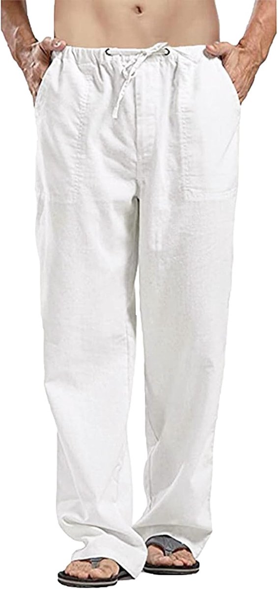 Herenbroek, linnen broek, lange zomerbroek met zakken, elastische tailleband