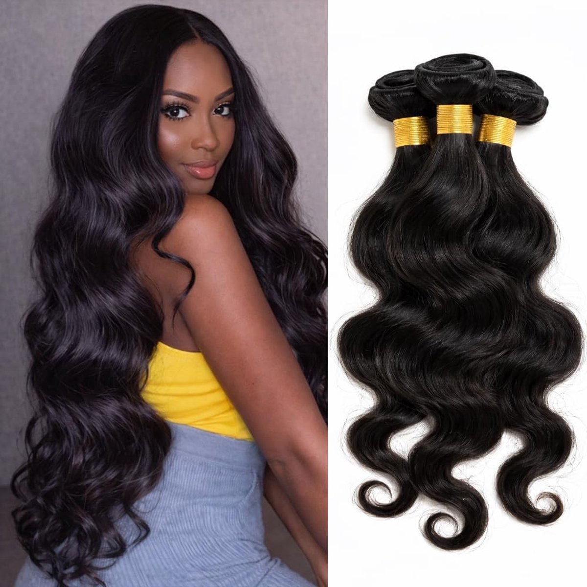 Hair Bundles Brazilian Remy Virgin Human Hair 100% Unprocessed Body Wave Human Hair Soft Thick Weft Dyeable Hair Extensions Natural Black Color (20 22 24 inch 300g)