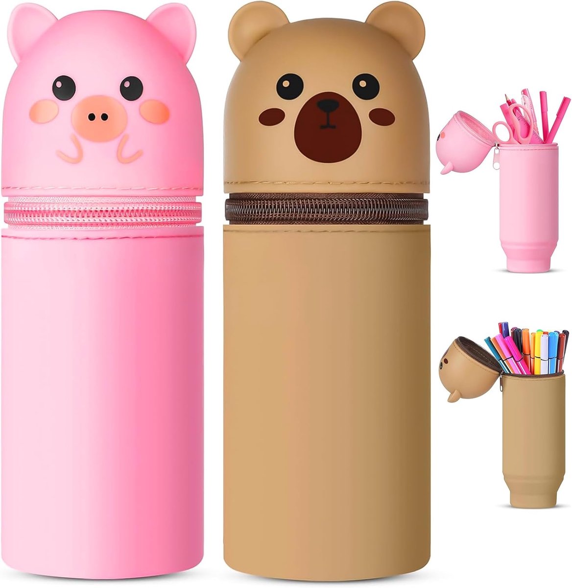 Etui van siliconen, 2-in-1 siliconen pennenetui voor meisjes en jongens, om schrijfwaren op te bergen, 2 stuks (roze, bruin), roze, bruin, cartoon