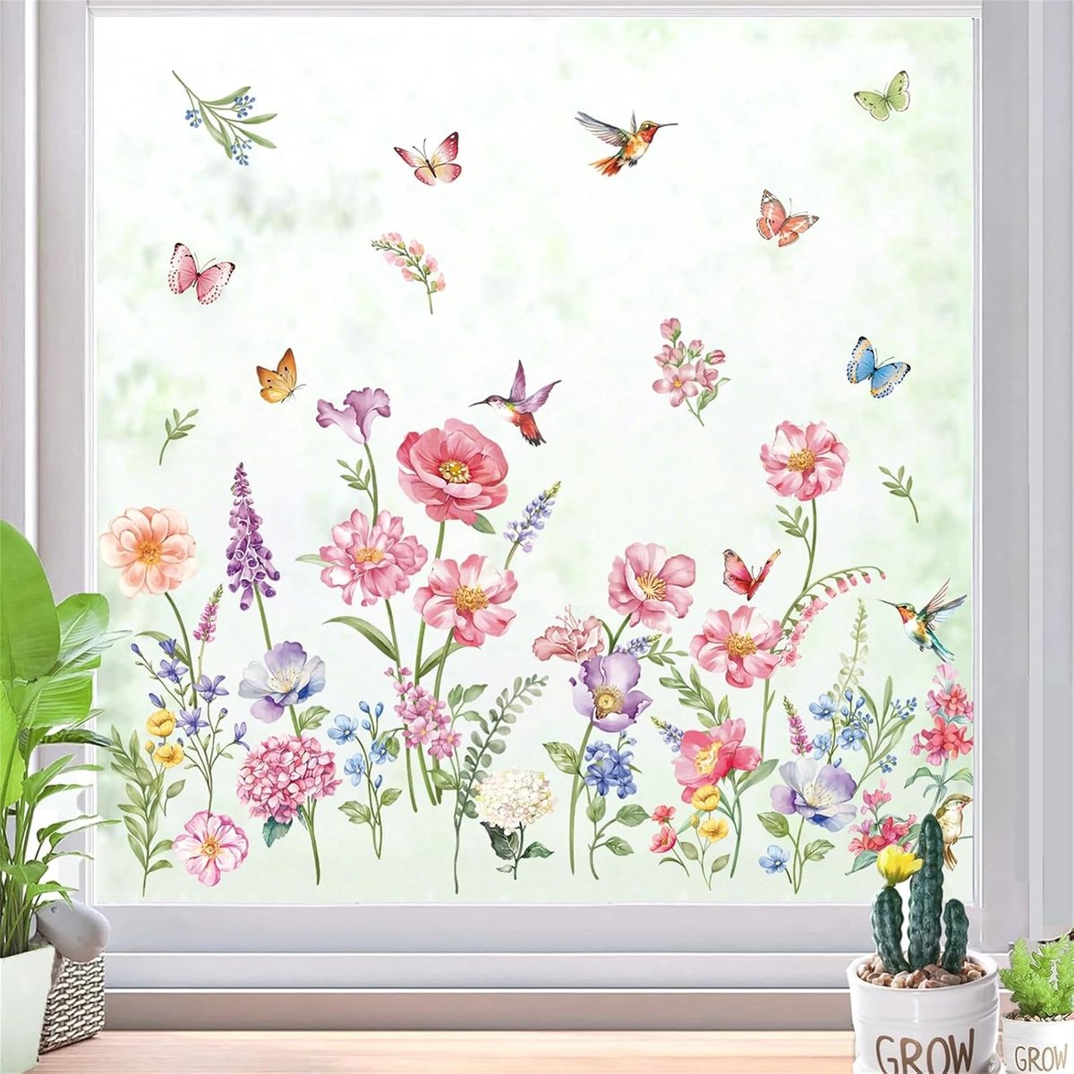 Decalmile Tuin Bloem Raam Kleeft Muurstickers Dubbelzijdig Anti-botsing Wilde Roze bloem Vlinders Gras Raamstickers Glas Venster Deuren Raamstickers (Alleen voor vensterglas)