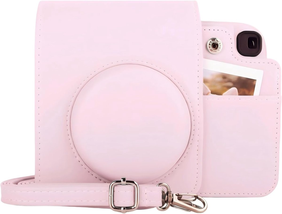 Kinokoo Hoes voor Instax Mini 13, hoogwaardig PU-leer, volledige bescherming, compatibel met Fuji Instax Mini 13 camera, met achtervak voor foto's en verstelbare schouderriem, roze (Candypink)