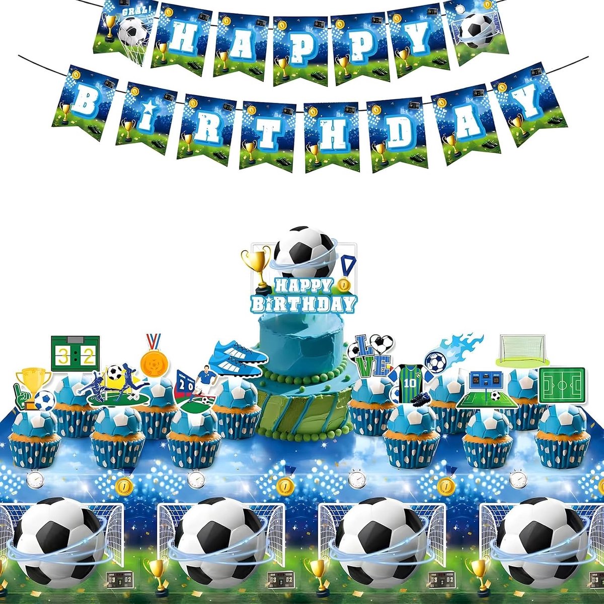 Verjaardagsdecoratie voor jongens met voetbalthema, taarttopper, banner en tafelkleed voor een feestelijke kinderverjaardag in blauw