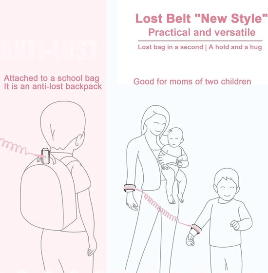 Baby Anti-loss Belt, 2.5m Children Line Harness, Children's Walking Harness, 2-in-1-Set, Safety Wrist Cuff with Lock + Rubber Strap, Detachable Bracelet with Safety Lock (Pink) van Merkloos — afbeelding 4
