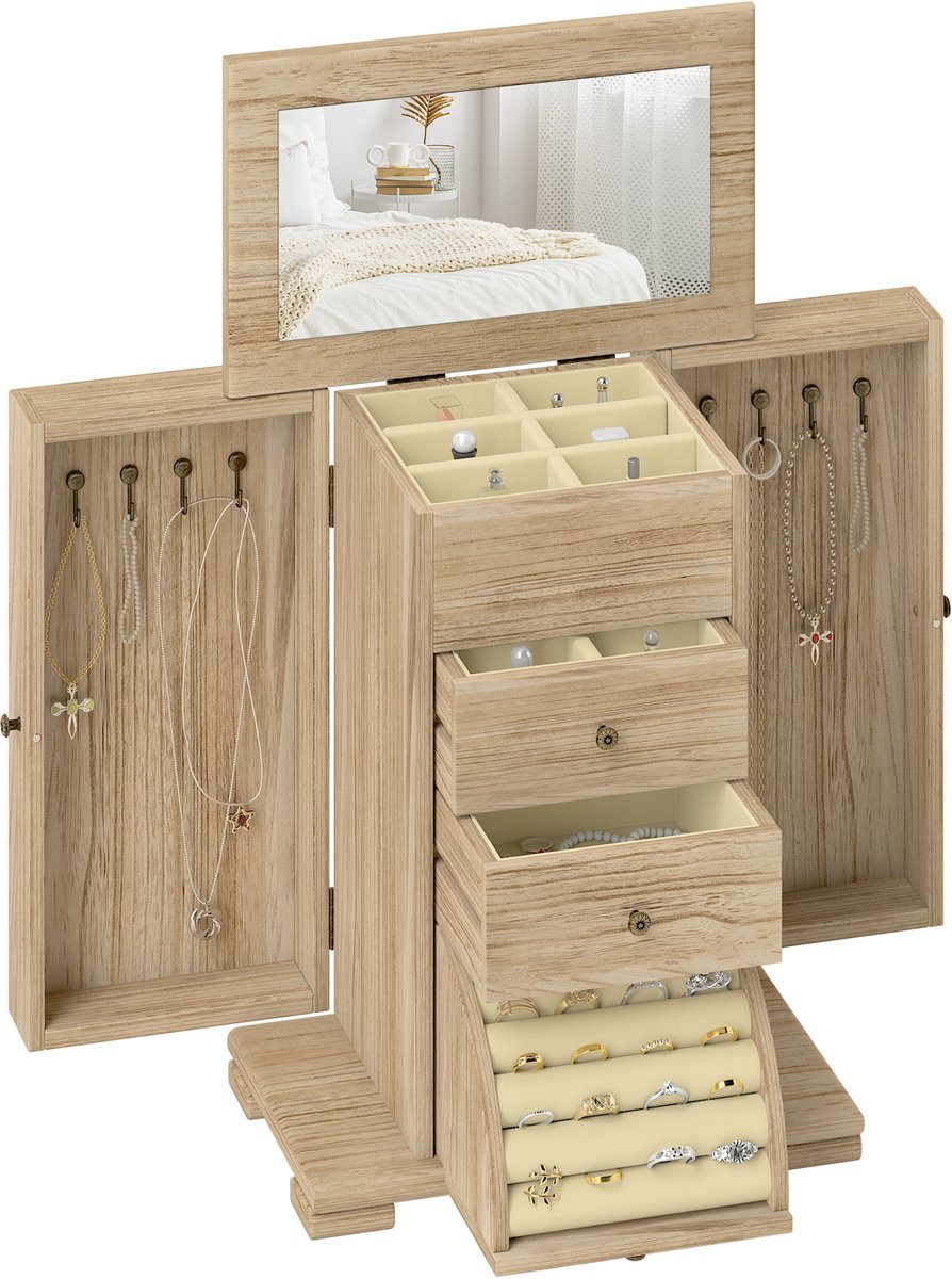 HOMCOM Jewelry Box-Paulownia-Holz-26,5L x 16B x 33,5H cm-Braun