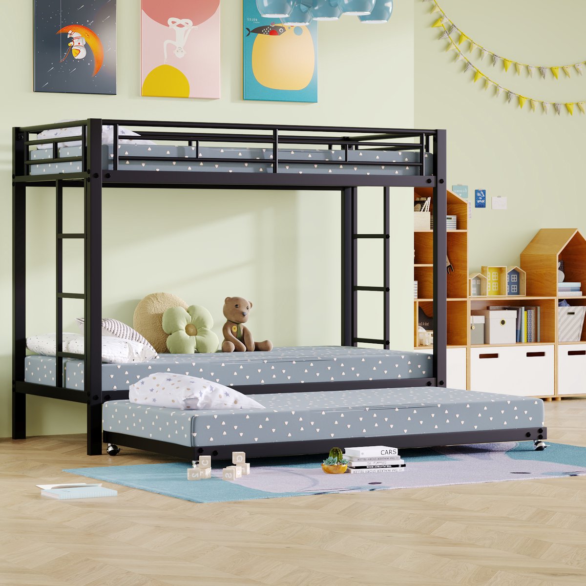 Kinderbed - voor matras 90 x 200 cm - zwart - met lattenbodem - afmetingen 95 x 204 x 160 cm - matras niet inbegrepen - voor de slaapkamer