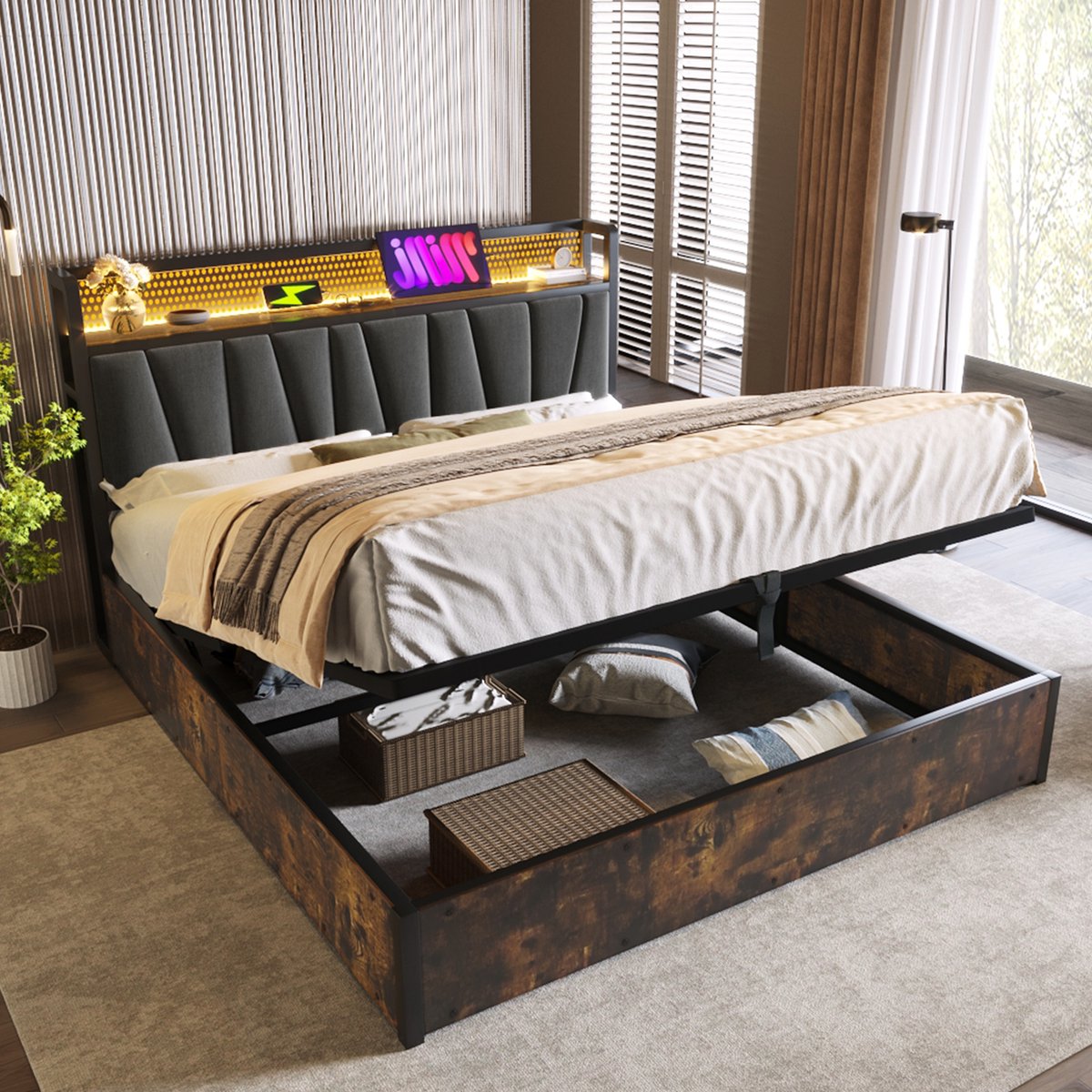 Gestoffeerd bedframe - voor matras 180 x 200 cm - grijs - met LED-verlichting en USB-aansluiting en lattenbodem - voor de slaapkamer