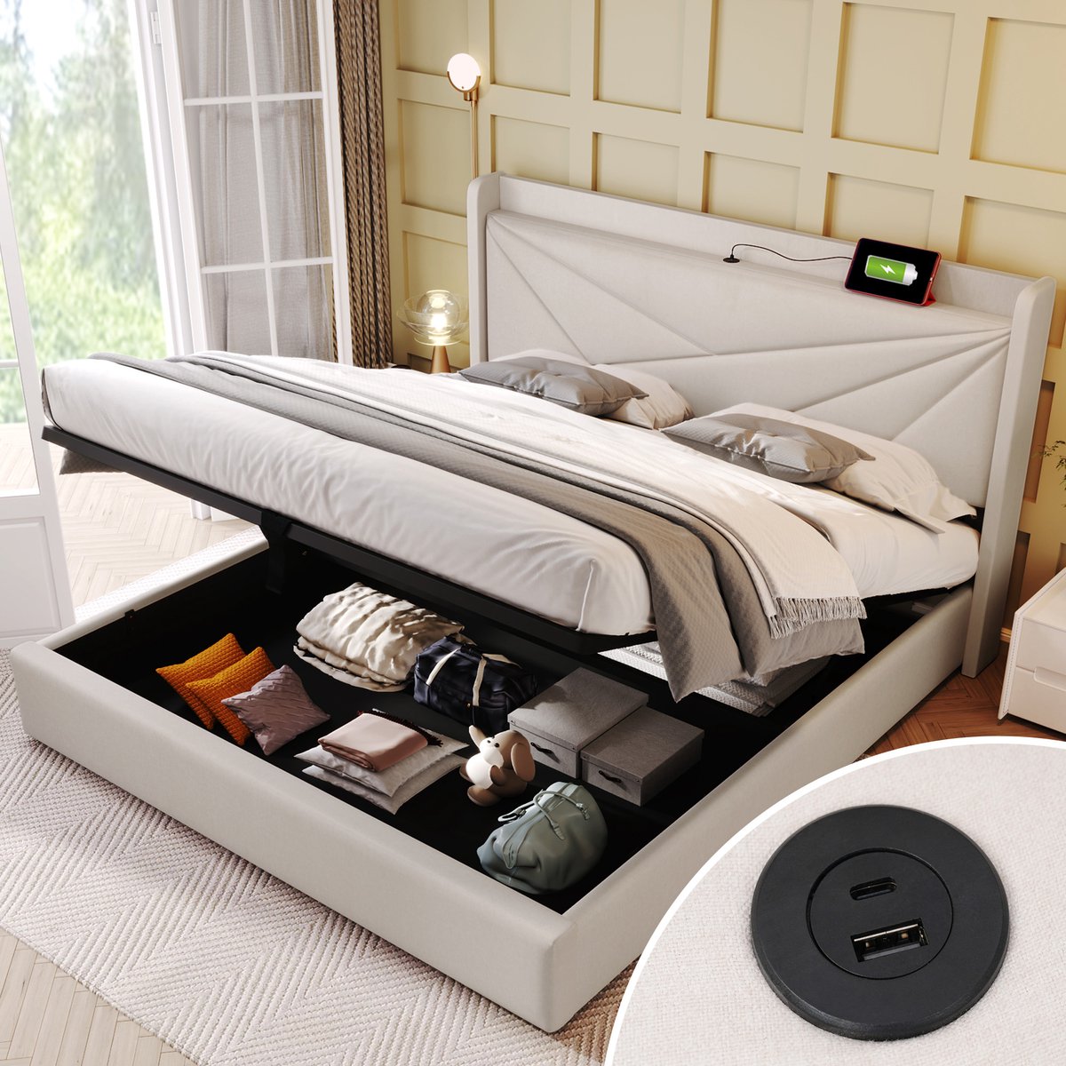 Gestoffeerd bedframe - voor matras 160 x 200 cm - beige - met USB-aansluiting en opbergruimte en lattenbodem - voor de slaapkamer