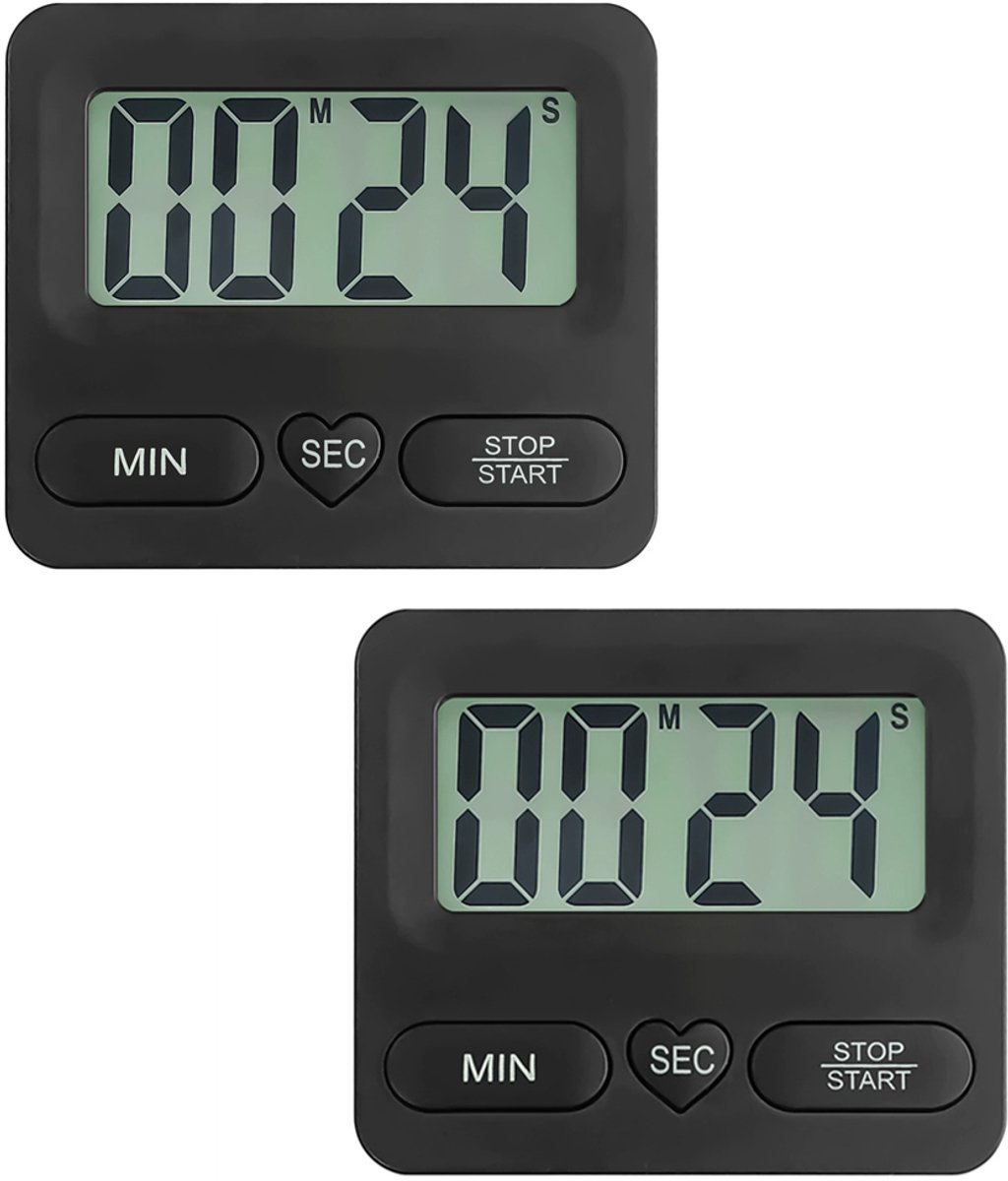 2 stuks Digitale timer en stopwatch, multifunctionele keukentimer met groot lcd-scherm, timer voor kinderen, magnetische en verborgen standaard, alarmbel and geheugenfunctie, voor koken, leren, sporten, Zwart