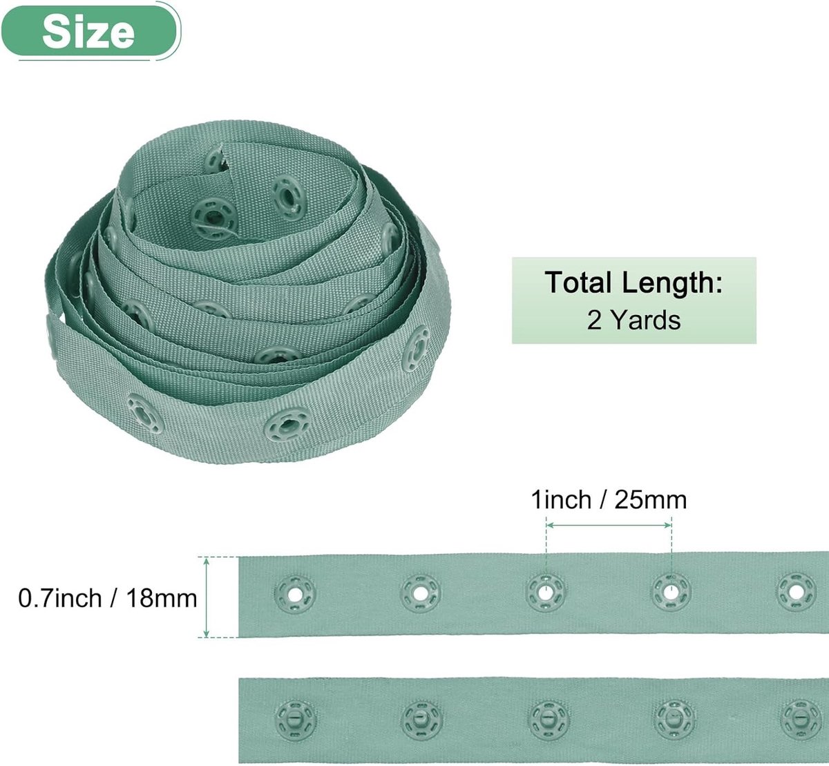 Plastic Drukknopen en Polyester Tape voor Naaiwerk, Kleding en DIY Projecten - 2m, Army Green, 25mm Spacing