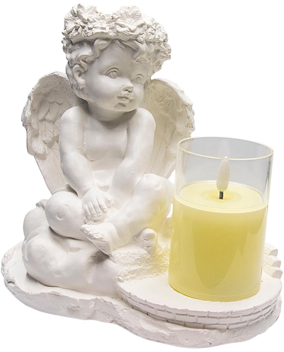 Gipsen Engel Grafdecoratie met LED Lamp - 21cm