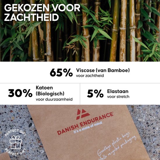 Gekozen voor zachtheid. 65% viscose (van bamboe) voor zachtheid, 30% katoen (biologisch) voor duurzaamheid, 5% elastaan voor stretch. Recyclbare verpakking.