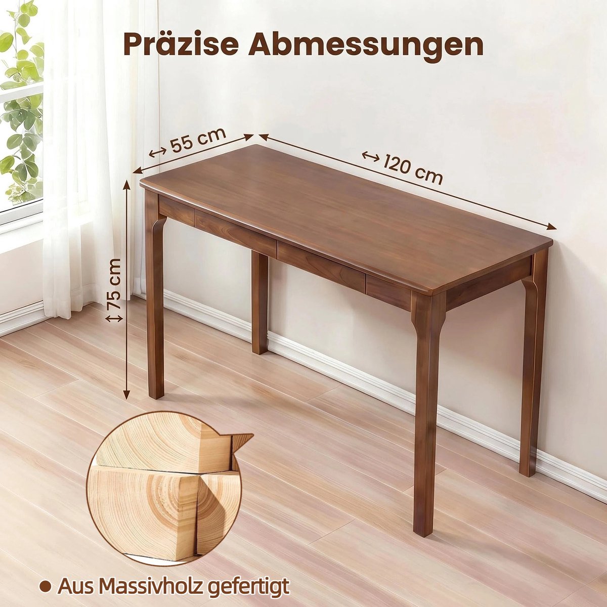 FloraGrace Bureau - Modern Bureau Met Twee Lades En Ronde Randen - Voor Woonkamer Slaapkamer En Kantoor - Hout - Walnoot - 120x55x75 Cm
