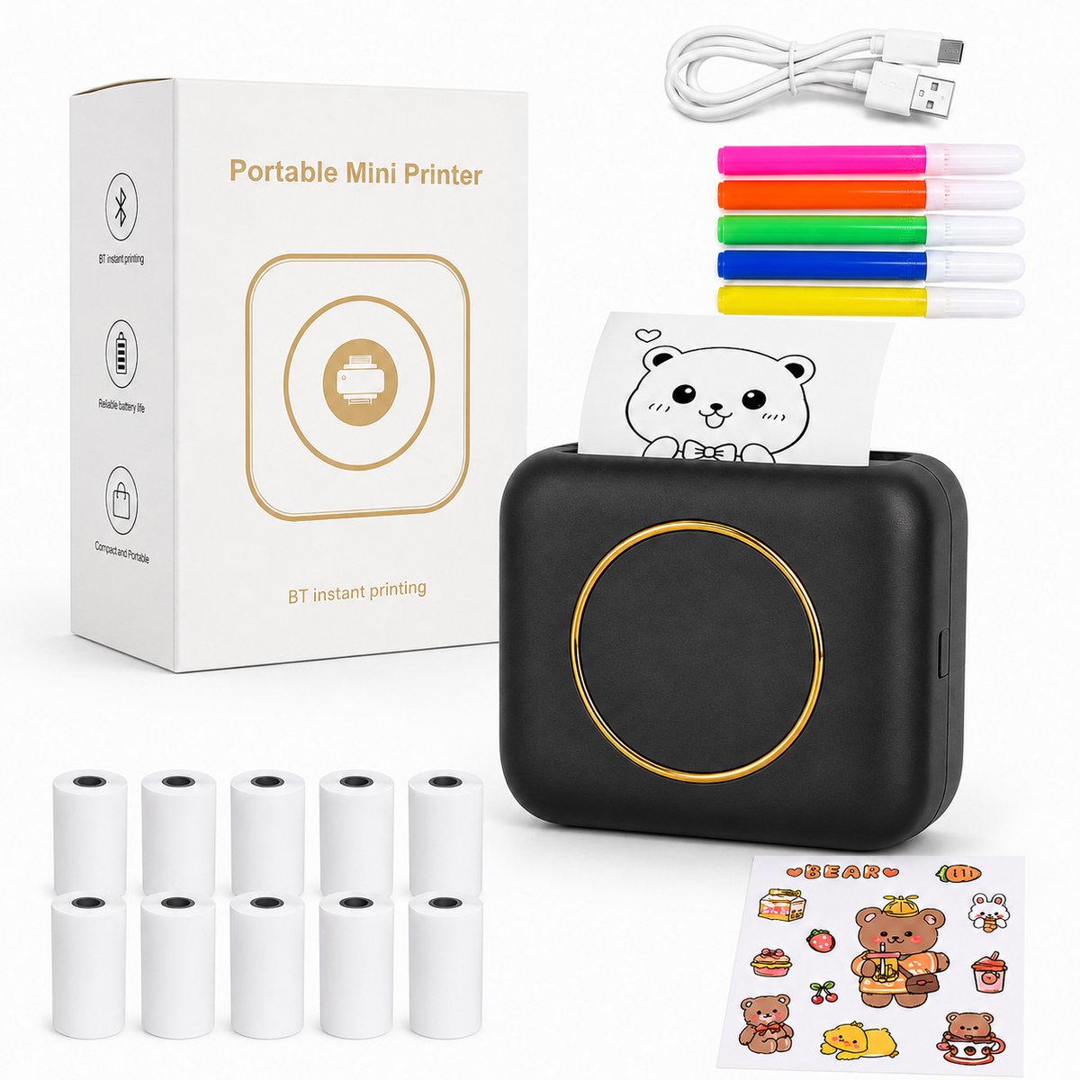 Mini Printer - Inclusief 10 Rollen Papier - 5 pennen - Pocket Printer - Mini Printer voor Mobiel - Schoolspullen